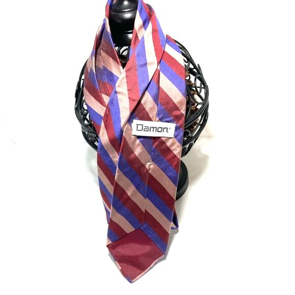 DAMON Vintage Silk Diagonal Striped Purple Pink Blue Tie 57 x 3 inches - Picture 2 of 12